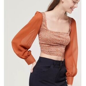NWT Urban Outfitters Lena Sheer Sleeve Square Neck Orange Blouse Top
